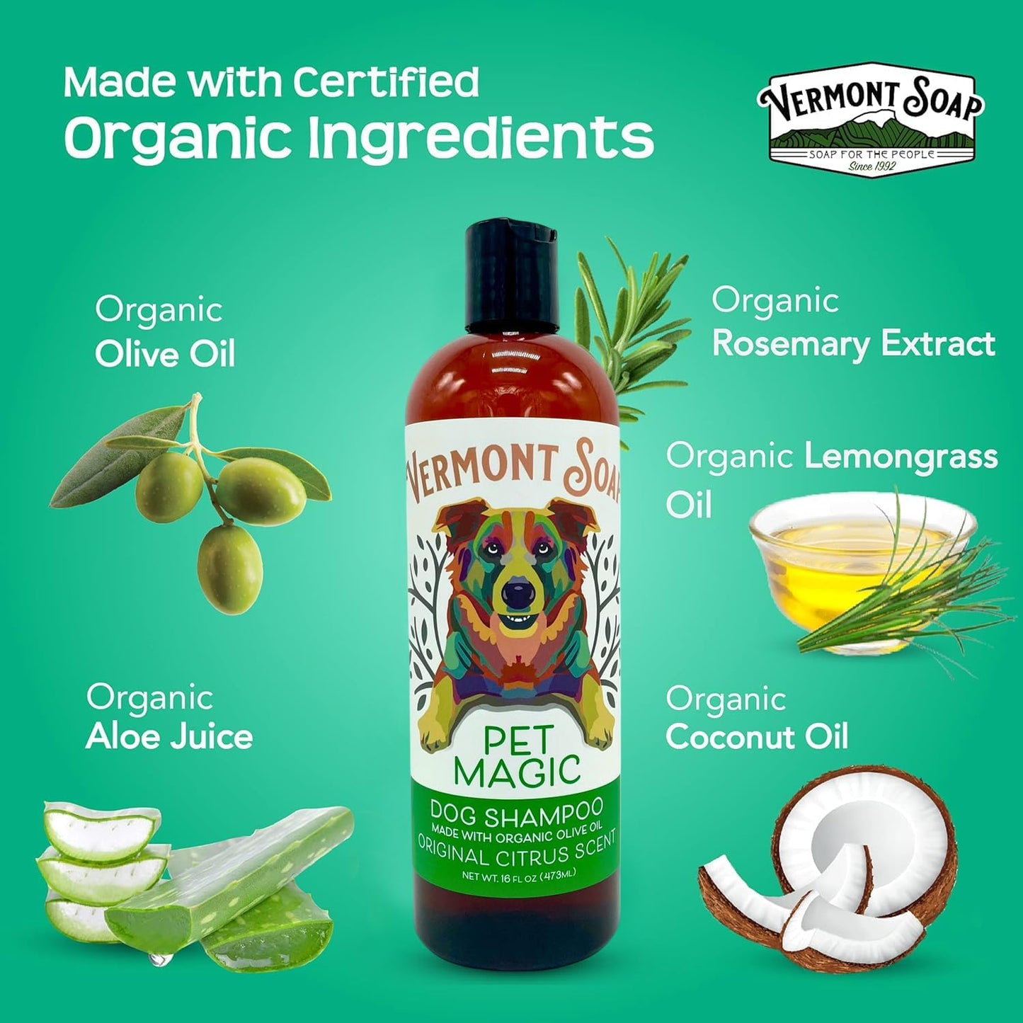 Vermont SOAP Organics Pet Shampoo - Infused with Organic & Natural Olive Oil, Coconut & Aloe Vera Dog Shampoo for Sensitive Skin - USDA Certified Grooming Pet Shampoo - Original Citrus (16oz)