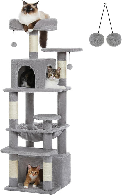 PAWZ Road Cat Tree, 53.5 Inches Tall Cat Tower with Spacious Hammocks, Condos and Scratching Posts, Cat House with Dual Padded Perches for Indoor Large Cats-Gray