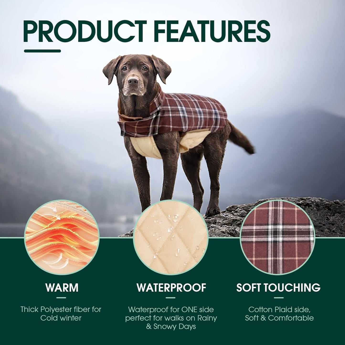 Kuoser Warm Dog Coat, Waterproof Dog Coats for X-Small Dogs, Adjustable Durable Doggie Winter Jacket Reversible Cozy Puppy Cold Weather Apparel from Small to Large Breed, Brown XS