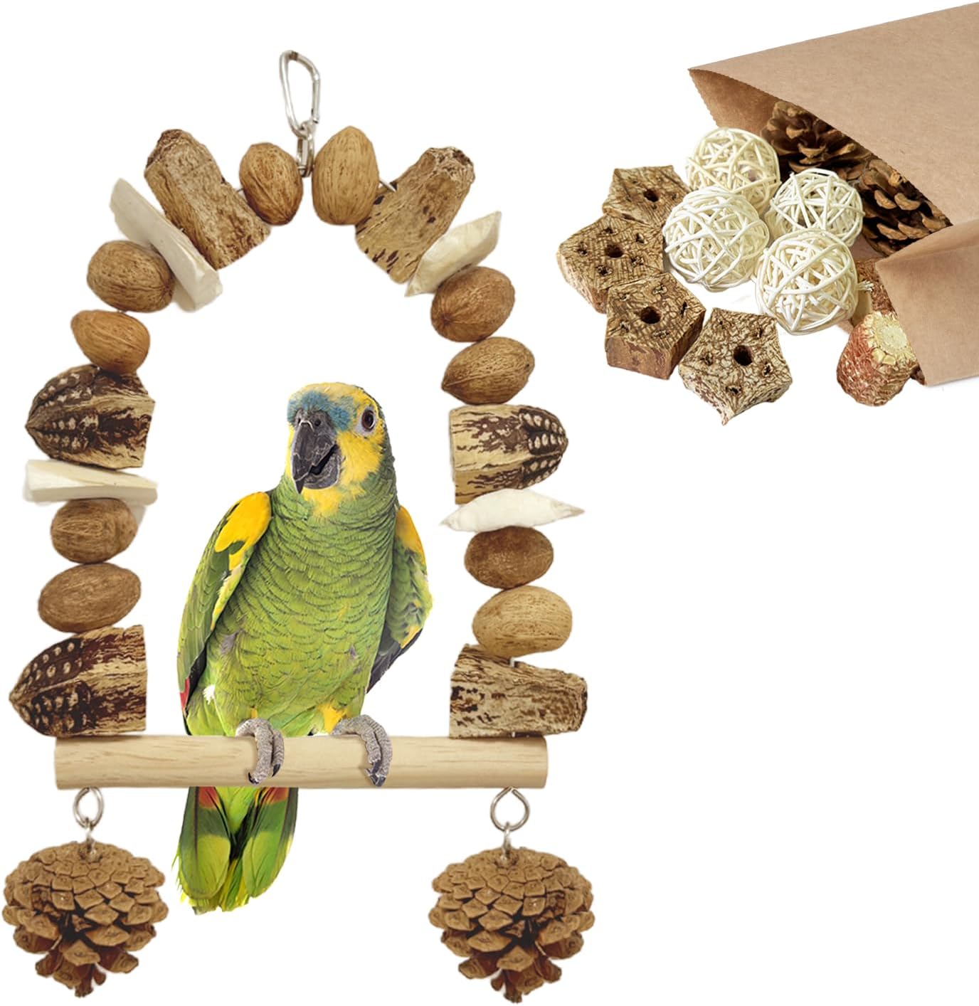 Nut Perch Stand with Interchangeable Materials – Natural, Safe Bird Playset for Beak Exercise & Mental Stimulation