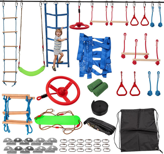 Slsy 60FT Ninja Warrior Obstacle Course (10 Obstacles), Ninja Slackline Kit for Kids, Durable Playset Equipment with 10 Complete Set-Monkey Bar,Swing, Climbing Ladder & Net