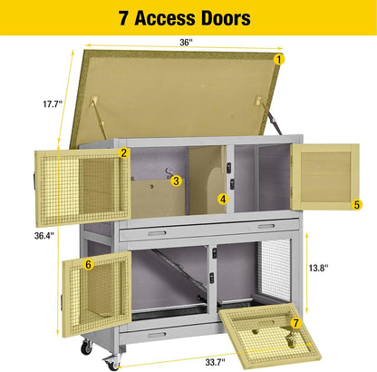 Aivituvin 2-Tier Rabbit Hutch with Tarp Door and Wheels Bunny Cage Indoor Outdoor Guinea Pig Cage Expandable with Pet Playpen 36" L, Grey