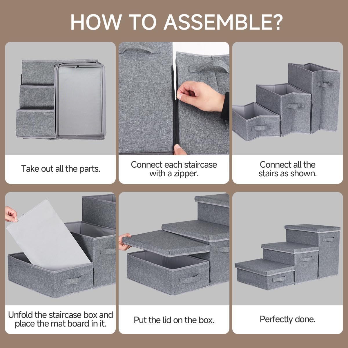 Pet Stairs with Storage, Pet Step for Small Dogs and Cats, 3-Step Folding Pet Steps with Zip, Cat Stairs Dog Steps for Bed, Couch and Car Ramp (Gray, 3 Steps no Condo)