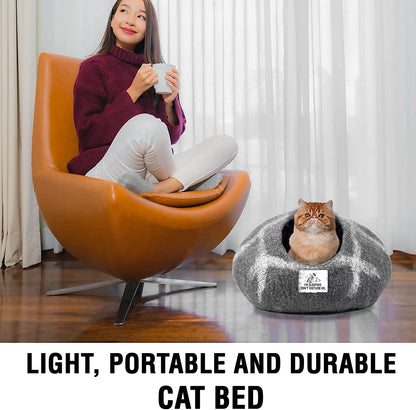 Luxurious Eco-Friendly Merino Wool Cat Cave Bed - Foldable Hideaway Pod for Indoor Cats - Premium Felt Kitten Beds - Covered Cat House for Ultimate Cozy Comfort by Woolygon