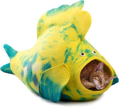 Luxurious Eco-Friendly Merino Wool Cat Cave Bed Fish Design - Foldable Hideaway Pod for Indoor Cats - Premium Felt Kitten Beds - Covered Cat House for Ultimate Cozy Comfort by Woolygon