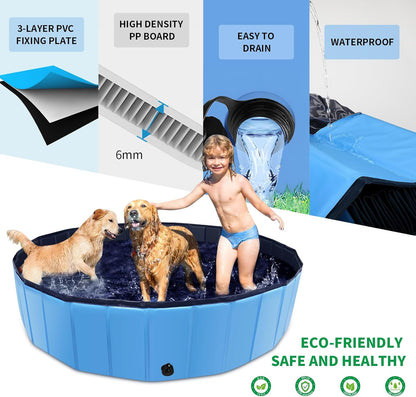 Foldable Dog Pool, 71" x 12" Large Kiddie Pool with Hard Plastic, Non-Slip Dog Bath Tub for Outdoor Backyard, Collapsible Dog Swimming Pool for Kids Dogs Pets (Blue)
