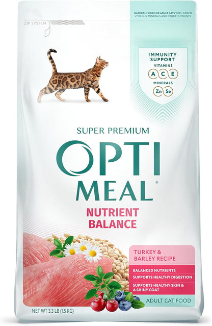 Optimeal Natural Dry Cat Food for Adult Cats - Proudly Ukrainian - Tasty and Nutritional Cat Food Dry Recipe with Immunity Support for Healthy Felines (3.3 lbs, Turkey & Barley)