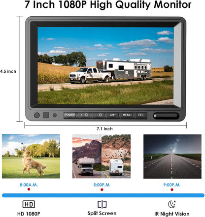 Digital Wireless Backup Camera System Kit, IP69K Waterproof Wireless 2 Rear View Camera + 7?™â€?LCD Dual Split Monitor for RV/Truck/Bus/Camper/Trailer (WX02)