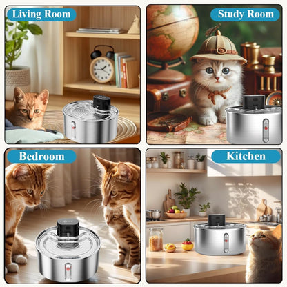 Pumpless Cat Water Fountain Stainless Steel Battery Operated, 108oz/3.2L Wireless Pet Water Fountain, Cordless Automatic Dispenser with 2 Replacement Filters for Cats, Dogs, Multiple Pets