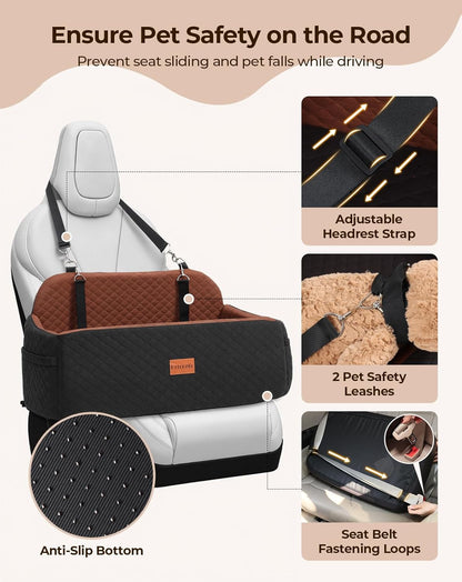 Dog Car Seat for Large Medium Dogs, Pet Car Seat Under 55 lbs or 2 Puppies, Removable Washable Pets Travel Booster Bed for Automotive Backseat with Comfy Thick Cushion, 2 Safety Leashes(Black/Brown)