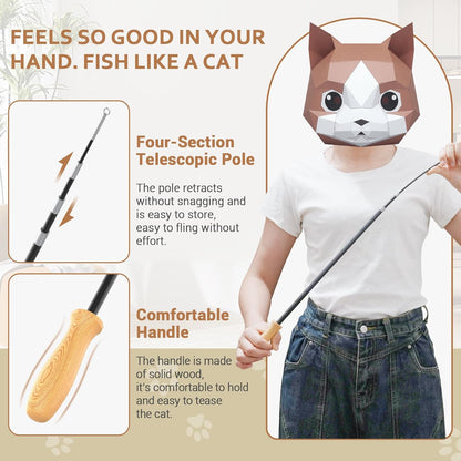 ROSAUI Cat Teaser Wand Toys, Interactive Bird Toy for Indoor Kittens, 53.15’’ Long Cat Fishing Pole Toys, 2X Wires and 5X Natural Refills, Sustainable Wooden Handles, Exercising, Playing
