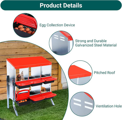 Nesting Boxes for Chickens, Chickens Laying Boxes for Chicken Coop with Legs, 6 Compartments Chicken Nesting Boxes, with Removable Tray, Easy Cleaning, for Hens Outdoor Chicken Coop Farm Yard, Red