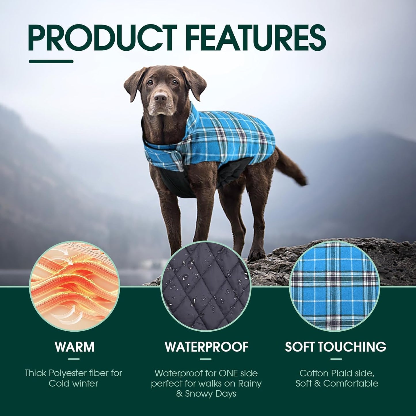 Kuoser Warm Dog Coat, Waterproof Dog Jacket for Extra Large Dogs, Adjustable Durable XL Doggie Winter Coat Reversible Cozy Puppy Cold Weather Apparel from Small to Large Breed, Blue XL