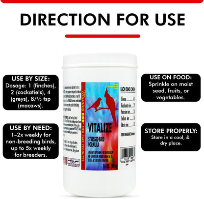 Morning Bird Vitalize, Supplement for Sick, Injured, or Stressed Caged Birds; Dehydration and Exhaustion Treatment for Parakeets, Cockatiels, Budgies, Finches, Canaries, and Parrots, 16 oz