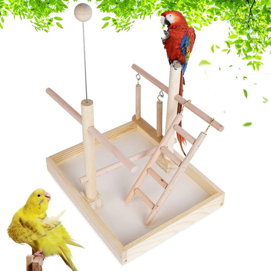 Budgie Perch Nature Wood Stand, Parrot Climbing Ladder Swing Chew Toy, Small Tabletop Bird Cage Play Gyms Playground for Parrots, Macaws, Love Birds, Finches, African Grey, Budgies