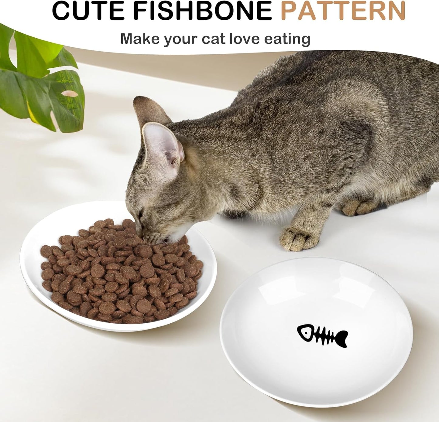 TRUVIC 4 Pack Ceramic Cat Food Bowls, 5.9 Inch Ceramic Cat Dishes Set for Indoor Cats and Small Dogs, Anti Whisker Fatigue Kitten Bowls, Wide Shallow Kitten Plates for Food and Water (Fishbone)