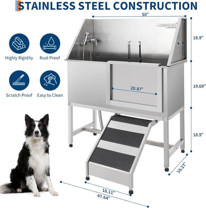 Stainless Steel Dog Washing Station - Dog Bath Tub for Large, Medium, Small Dogs, Pet Grooming Tub with Ramp, Non-Slip Grate, Shower, Soap Box, Faucet, Drain for Home & Outdoor （Right RAMP, 60"）