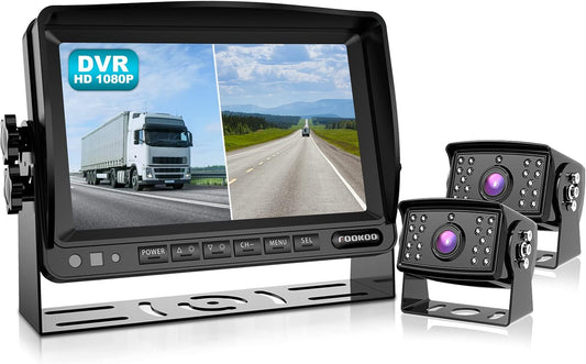 Fookoo ??7" HD 1080P Wired Backup Camera System, 7-inch Dual Split Screen Monitor W/Recording IP69 Waterproof Front View Rear View Camera Parking Lines for Truck/Trailer/RV/Skid Steer (FHD2)