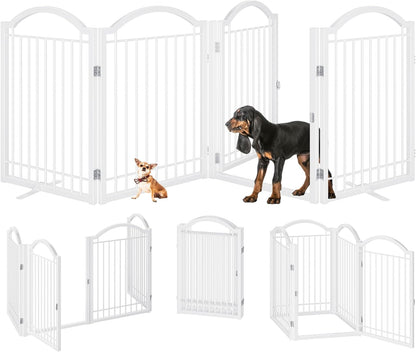 BHG Metal No-Assembly Freestanding Dog Gate with Door Walk Through, Extra Wide 96", Extra Tall 32" Pet Gate, Accordion Puppy Folding Playpen Dog Fence, with 2PCS Support (White, 4 Panels)