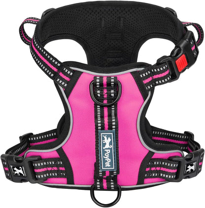 PoyPet No Pull Dog Harness, No Choke Front Clip Reflective Dog Vest with Soft Padded Vertical Handle, 3 Leash Attachments for Small Medium Large Dogs (Pink,XL)