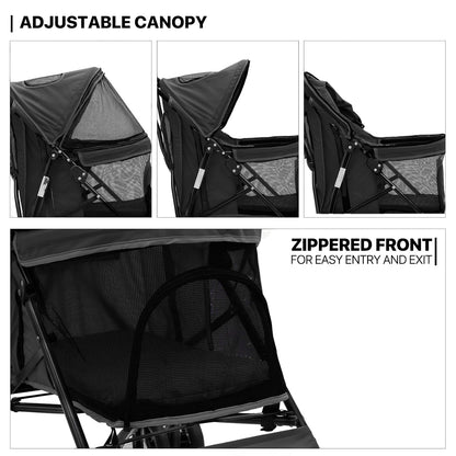 MoNiBloom 4 Wheels Pet Stroller, Easy-Fold Puppy Cage Jogger Stroller with Sun Cover, Pad and Rear Storage Bag, Breathable and Visible Mesh for Small/Medium Pets up to 22 lbs, Black