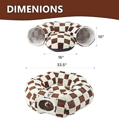 Cat Tunnel Bed with Washable Cushion for Indoor Cat, Donut Cave Tube Toys for Kitten Puppy Rabbit, Brown