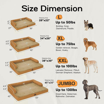 Large Dog Bed Orthopedic Washable, Orthopedic Dog Beds for Large Dogs with Washable Cover, Removable Bolster and Non-Slip Bottom Orange Dogs Beds, XL XLarge Extra Large Dogs