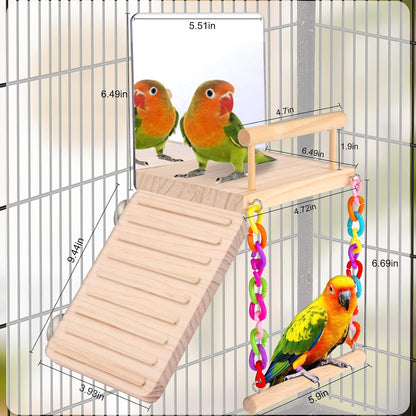 KyoukiBird Perch Platform Bird Toys with Bird Mirror Climbing Ladder Swing, Parakeet Cage Accessories - for Cockatiels, Lovebirds, Budgies,Pacific Parrotlets,Finch,Canaries - Wooden Play Gym