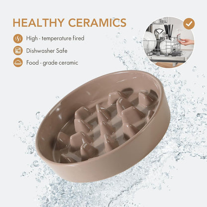 9.5inch Ceramic Dog Raised Slow Feeder Set, Elevated Bowl with Wooden Stand for Large Dog, Slow Feeder Dish for Fast Easters, Anti-Gulping(Brown Coffee, Single Bowl+ Stand)