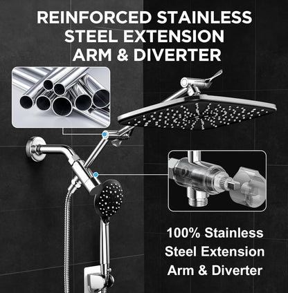 Veken Wide Rain Shower Head with Metal Main Body, High Pressure Showerhead with 6 Mode Handheld Spray Combo for Bathroom Accessories, Home Decor Detachable Dual Shower with Extension Arm,Silver Chrome