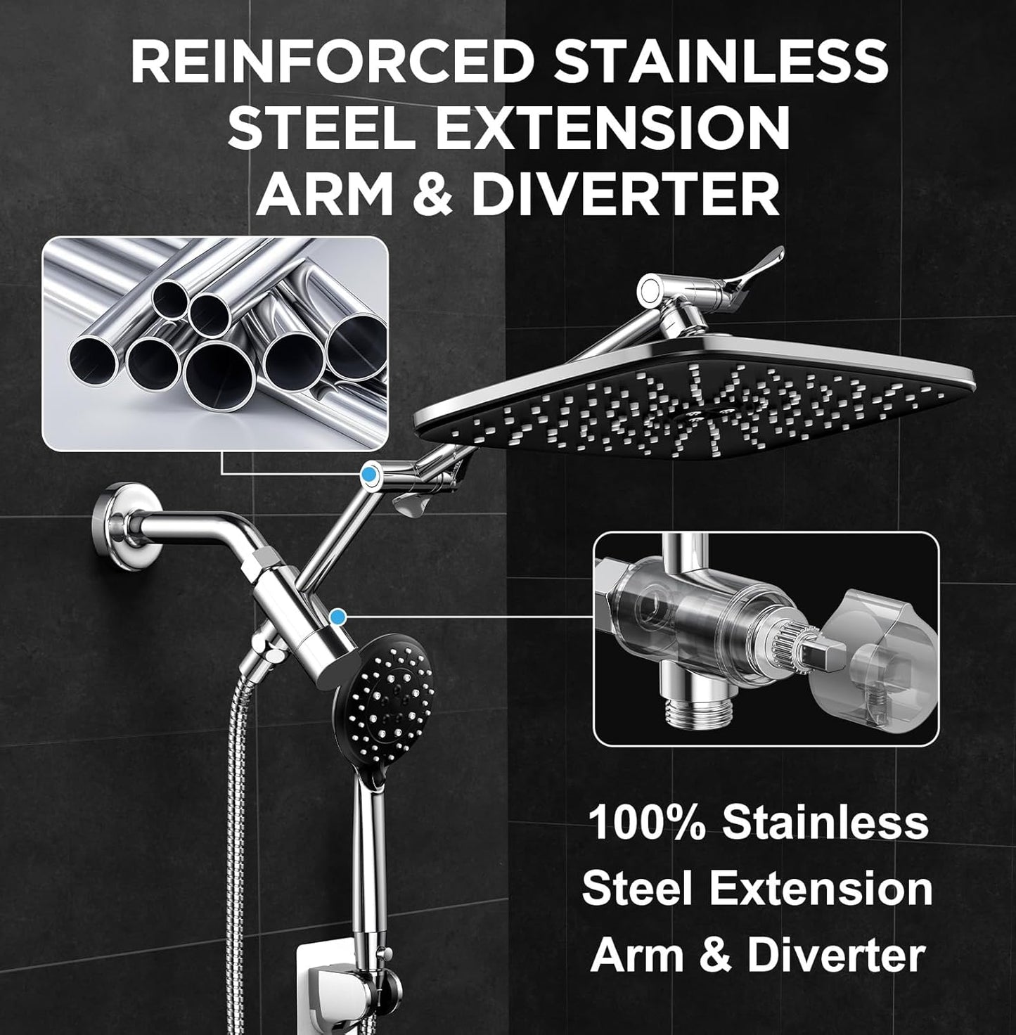 Veken Wide Rain Shower Head with 6 Modes Handheld Water Spray，High Pressure Showerhead Combo with Arm for Bathroom Accessories，Home Decor Adjustable Dual Shower with Anti-Clog Nozzles，Matte Black