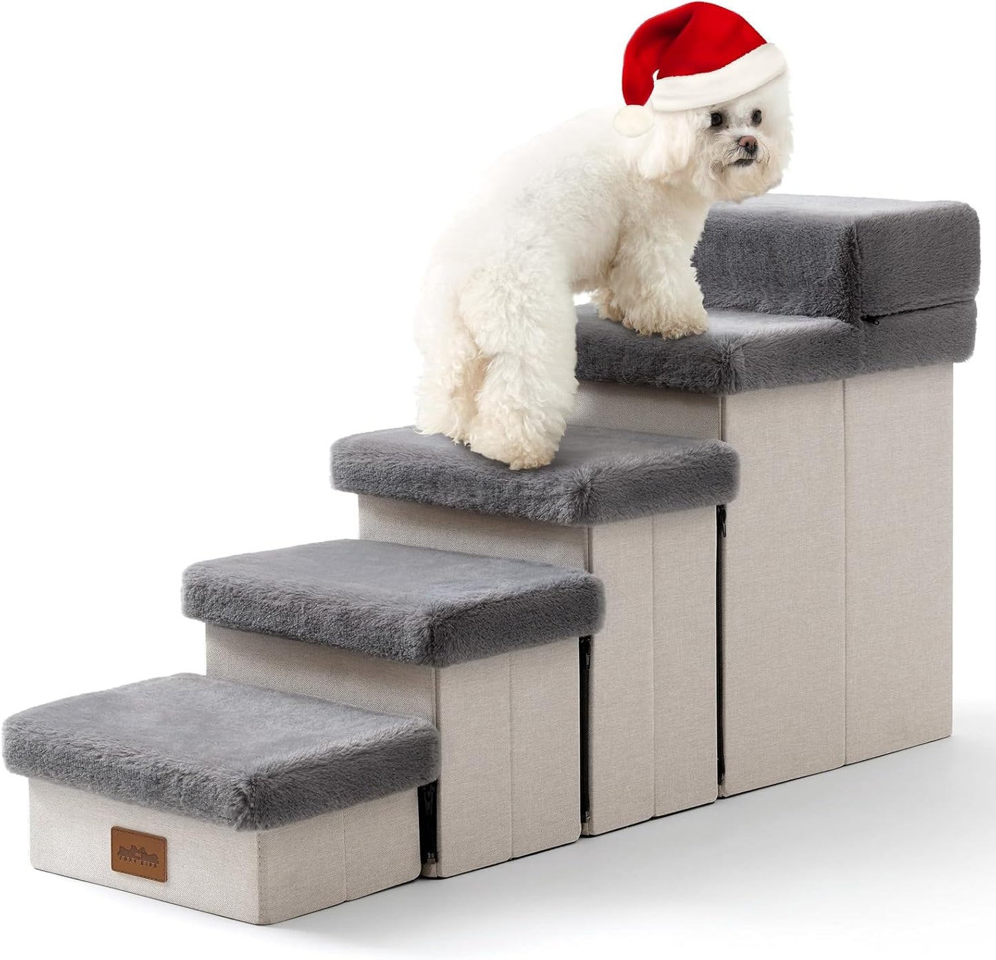 Dog Stair for Small Dogs with Storage, Foldable Pet Step with Soft Cover, Older Cat Ramp for Chair Couch Sofa, Lightweight, Durable, Comfort, 39.7x13x21.2 inch, 5 Tiers, Grey