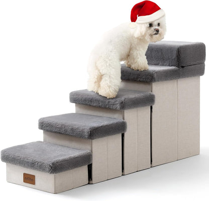 Dog Stair for Small Dogs with Storage, Foldable Pet Step with Soft Cover, Older Cat Ramp for Chair Couch Sofa, Lightweight, Durable, Comfort, 39.7x13x21.2 inch, 5 Tiers, Grey