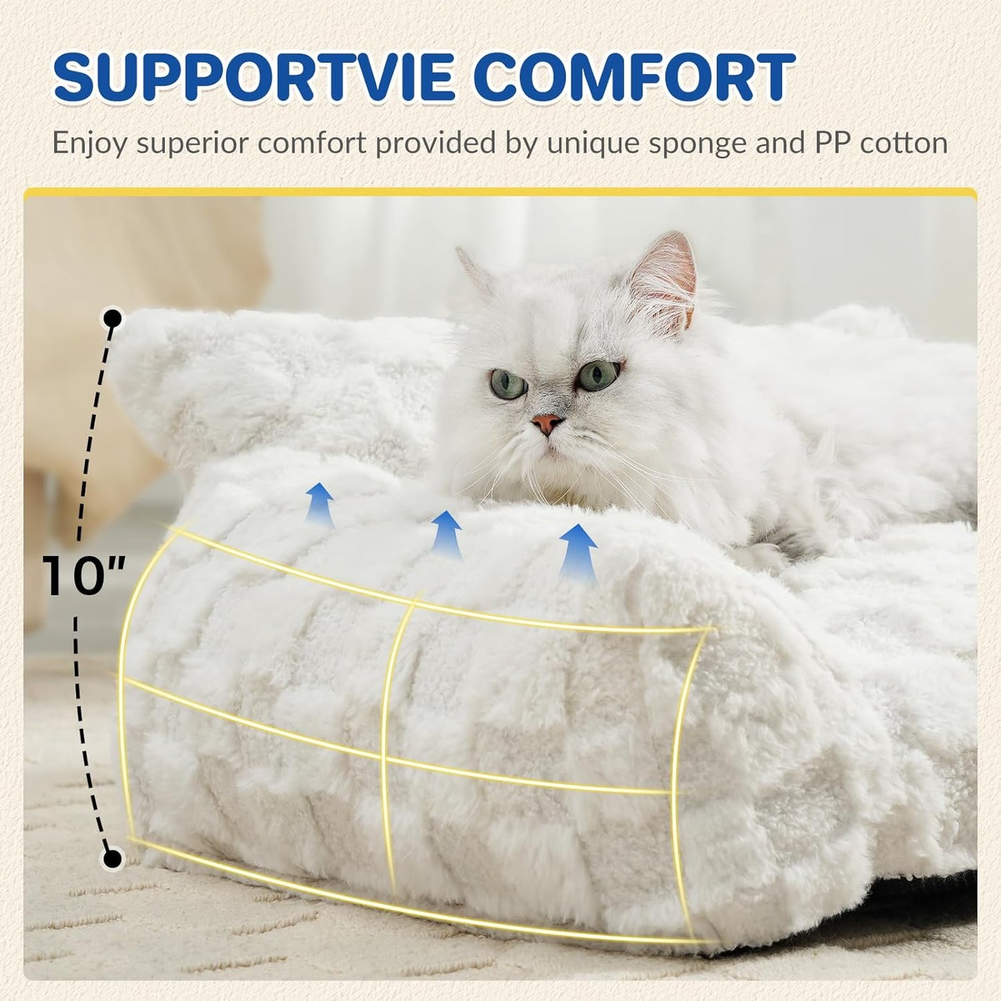 Cat Bed Dog Couch for Puppy and Kitten, Fluffy Dog Bed Medium Dogs Couch, Supportive Cat beds for Indoor Cats, Washable Cover & Non-Slip, 32 inch, White