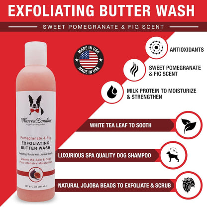 Warren London Exfoliating Butter Wash – Pomegranate & Fig Dog Shampoo, 8 oz | Cleans, Exfoliates & Conditions in One | Jojoba Beads Relieve Dry, Itchy Skin | Non-Oily Shine | Made in USA