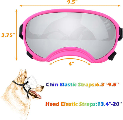 Large Dog Sunglasses with Adjustable Strap UV Protection, Winproof Puppy Sunglasses, Suitable for Medium-Large Pet Glasses, Dogs Eyes Soft Goggles, PinkSilver, (YD-23032706)