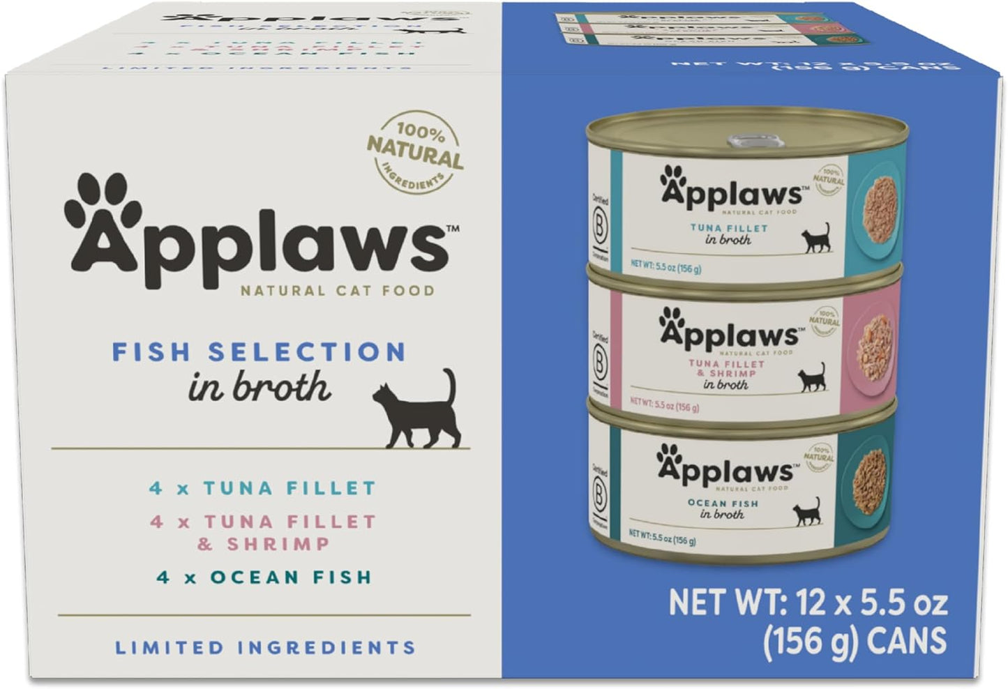 Applaws Natural Wet Cat Food in Broth, Made with Limited and Natural Ingredients, Fish Selection Variety Pack in Broth (12 x 5.5oz Cans)