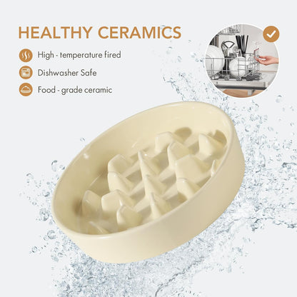 9.5inch Ceramic Dog Raised Slow Feeder Set, Elevated Bowl with Wooden Stand for Large Dog, Slow Feeder Dish for Fast Easters, Anti-Gulping(Beige, Single Bowl+ Stand)