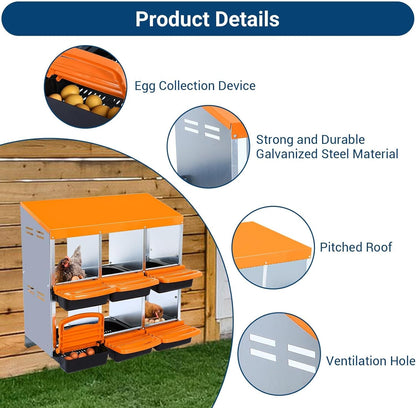 Chicken Nesting Boxes, 6 Hole Metal Chicken Laying Box with with Removable Trays and Roll Out Egg Collection for Chicken Coop, Orange