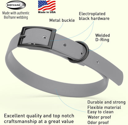 Dogline Biothane Waterproof Dog Collar Strong Coated Nylon Webbing with Black Hardware Odor- Proof for Easy Care Easy to Clean High Performance Fits Small Medium or Large Dogs, Battleship Gray