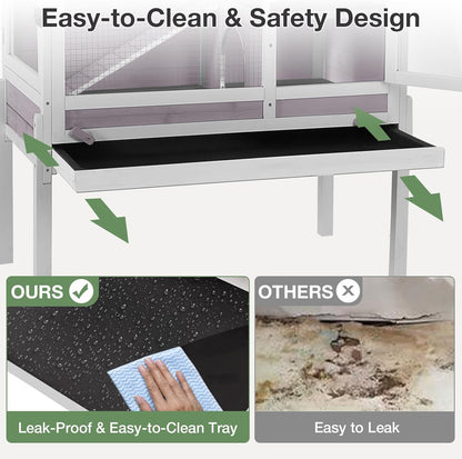 Guinea Pig Cage with Wooden Stand - Hamster Cage, Small Animal Cage Anti Chew Ramp, Hideout, Platform, Pull Out Tray (Grey, L)