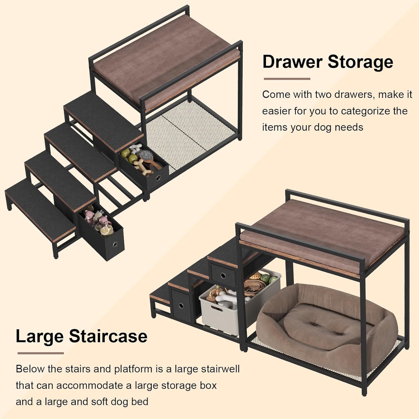 Pet Bunk Bed with Removable Stairs and 2 Drawers, Dogs/Cats Window Perch, Dog Window Seat with Soft Cushion, Ultra-Shallow Steps, Sturdy Metal Frame, Non-Slip