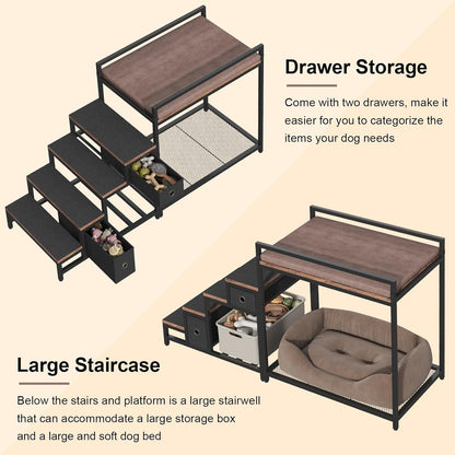 Pet Bunk Bed with Removable Stairs and 2 Drawers, Dogs/Cats Window Perch, Dog Window Seat with Soft Cushion, Ultra-Shallow Steps, Sturdy Metal Frame, Non-Slip