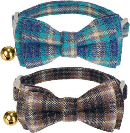 2 Pack Soft Cotton Cat Collars with Bowtie and Bell Breakaway Plaid Cat Kitten Collar(Ocean Blue and Mocha Tweed)