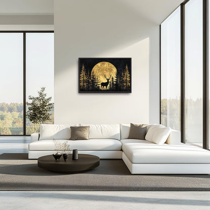 Large Moon Forest Deer Wall Art for Living Room, Black Deer Canvas Oversized Wall Decor, Elk Animal Aesthetics Framed Pictures Painting Print Artwork for Bedroom Office 36L" x 24W"