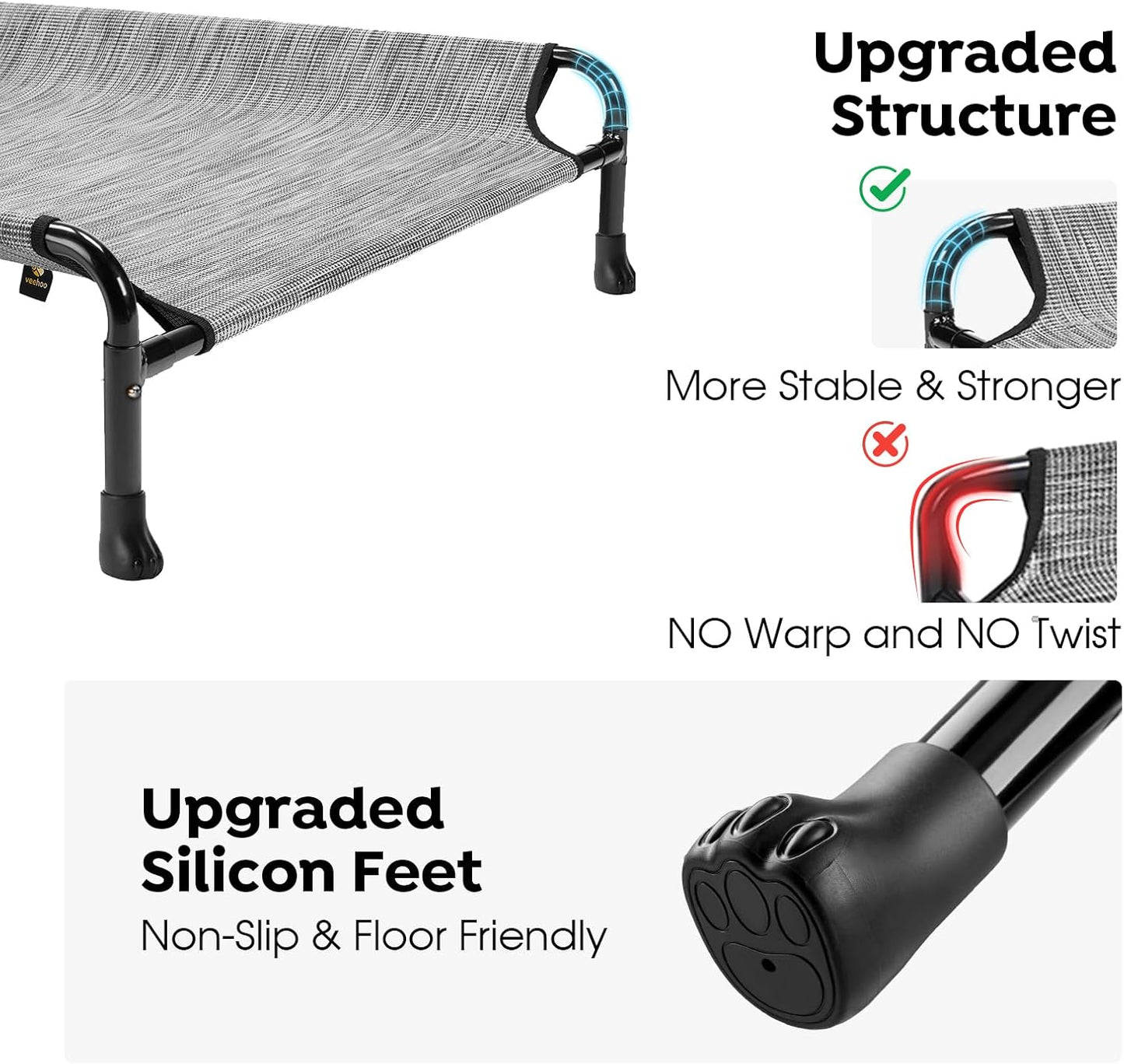 Veehoo Cooling Elevated Dog Bed, Raised Dog Beds for Large Dogs, Outdoor Dog Bed with Guardrail, Upgraded Non-Slip Feet, Breathable Teslin Mesh, Portable Camping Dog Cot, 47 x 29 Inches, Black Silver