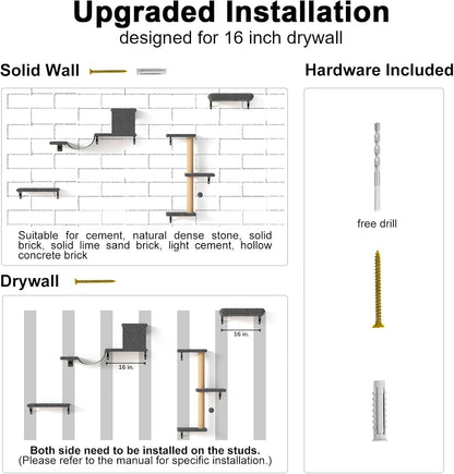 FUKUMARU Cat Wall Shelves, Stable & Safe 4 in 1 Cat Furniture Set, Wooden Climbing Wall with Scratching Post for 16 Inch Drywall - Gray