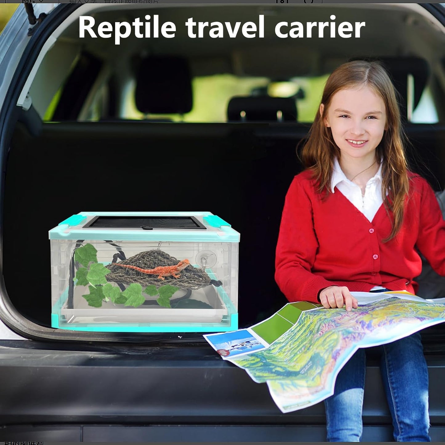 Hamiledyi Collapsible Gecko Tank Starter Kits, Reptile Travel Carrier 15.6" x 11.6" x 9.4" Small Portable Habitat Cages for Leopard Gecko, Bearded Dragon, Snake, Tortoise（Blue）