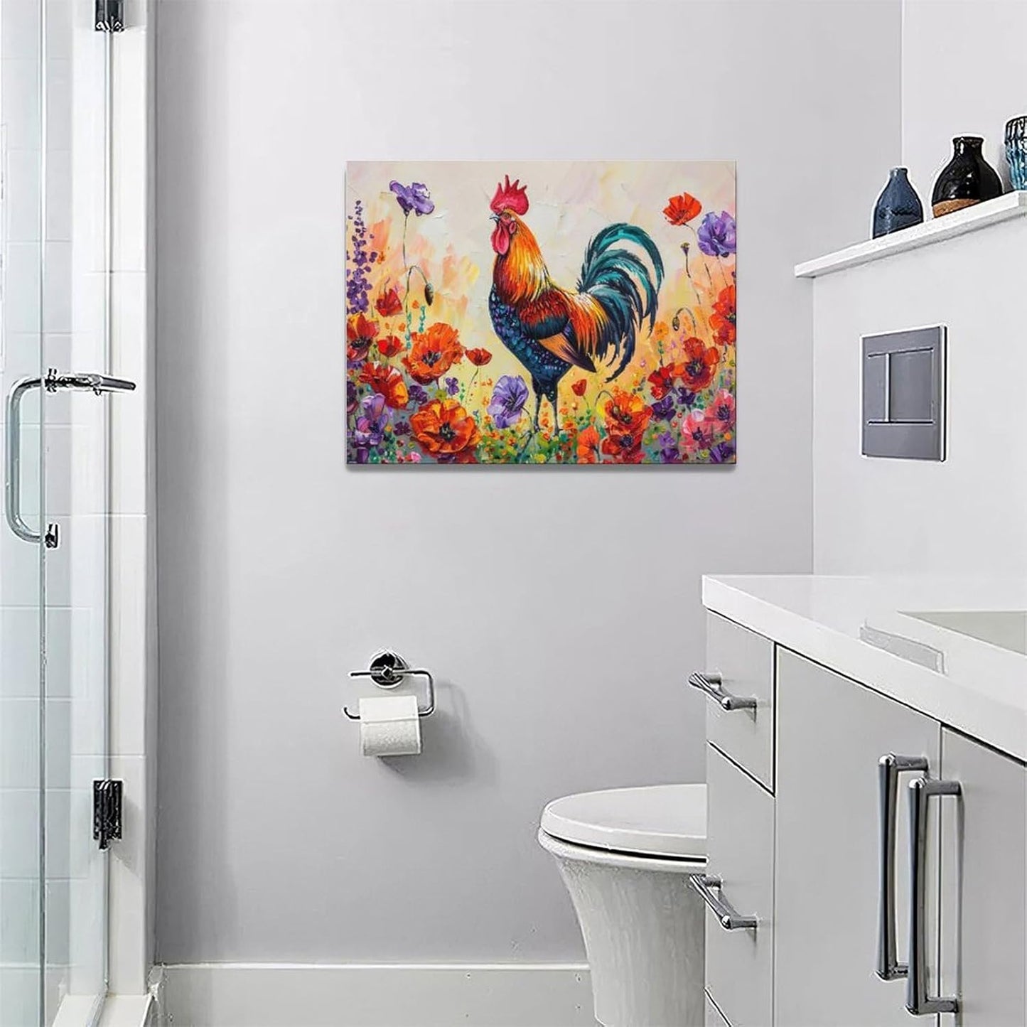 Rooster Wall Art Flower Poppy Canvas Living Room Pictures Framed Prints Colorful Floral Large Wall Decor Animal Painting Artwork for Bedroom Dining Home 16"x12"
