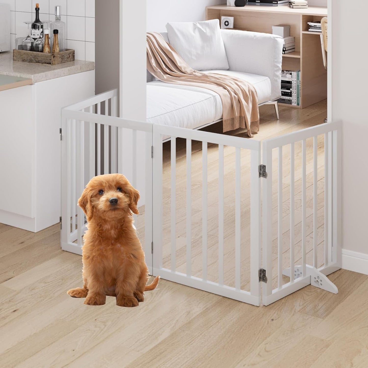 Wooden Dog Gate Freestanding Foldable Pet Gate 4 Panel Fully Assembled Dog Gates for Doorways House Stairs